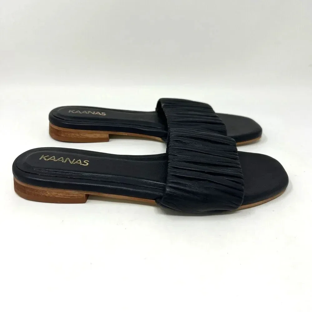 Kaanas Pekan Ruched Black Leather Slides Slip‎ On Sandals Shoes Women’s Size 6
